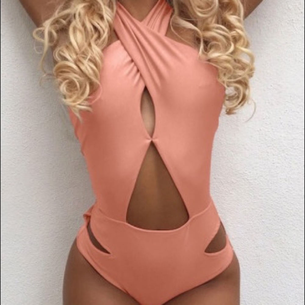 LAST ONE Halter One Piece Pink Swimsuit - Picture 4 of 9